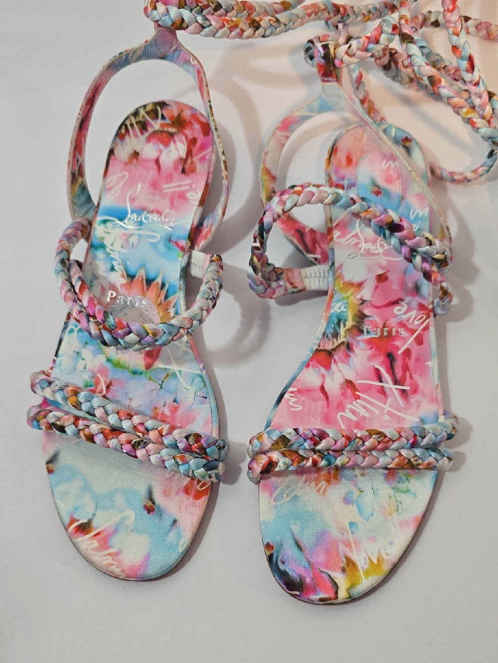 CHRISTIAN LOUBOUTIN MARYAM Multicolor Satin Braided Lace Up Sandals - Picture 4 of 16
